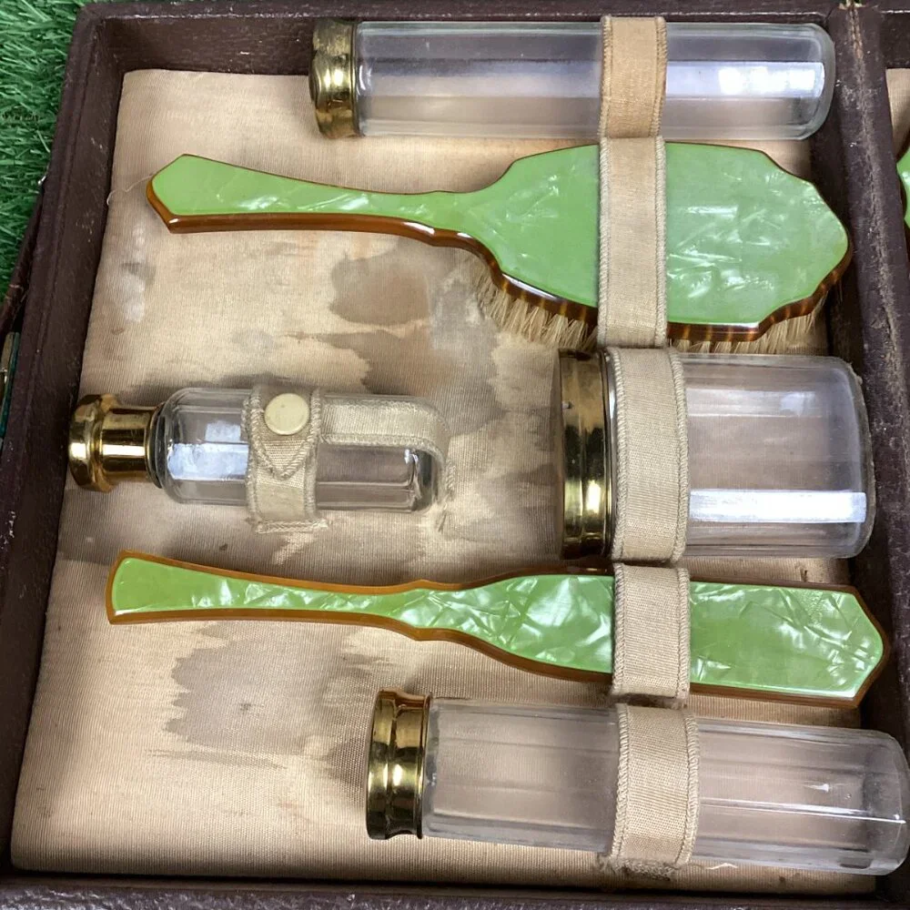 Antique Art Deco Celluloid Vanity Set in Original Case Green Marbled